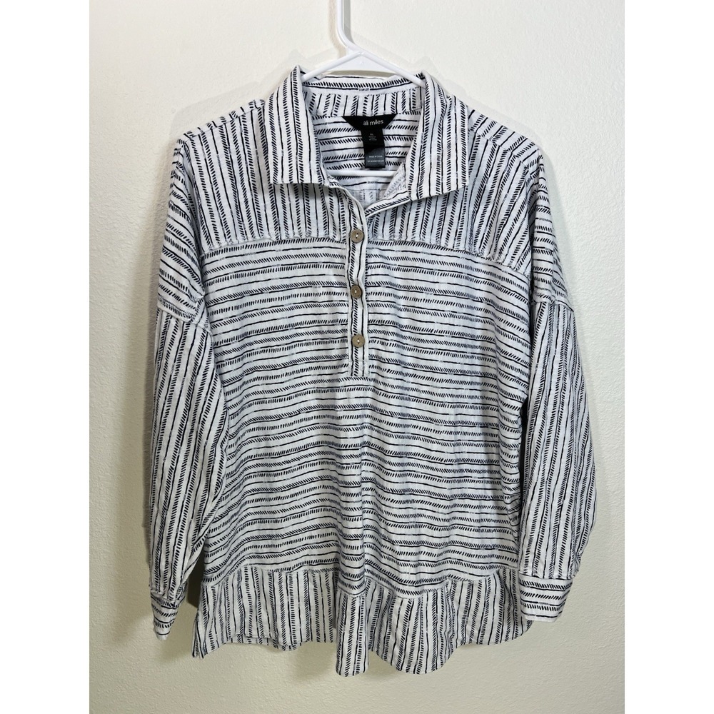 Ali Miles Top Womens Navy Blue Stripe Top 3/4 Sleeve Size XL Collared Coastal
